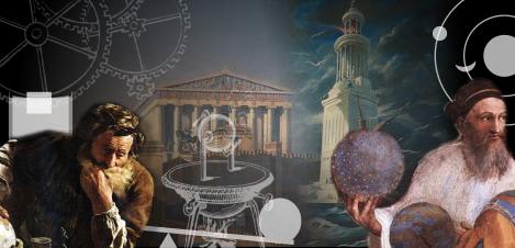 Antigedad: collage con Arqumedes, Ptolomeo y el mundo helnico
