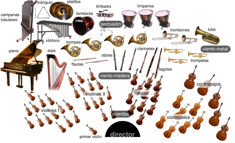 Orquesta sinfónica: Director; cuerdas: violines I y II, violoncellos, violas, contrabajos; viento-madera: flauta, clarinete, fagot, oboe; viento-metal: trompetas, trombones, tubas, trompas; percusión, piano, arpa.